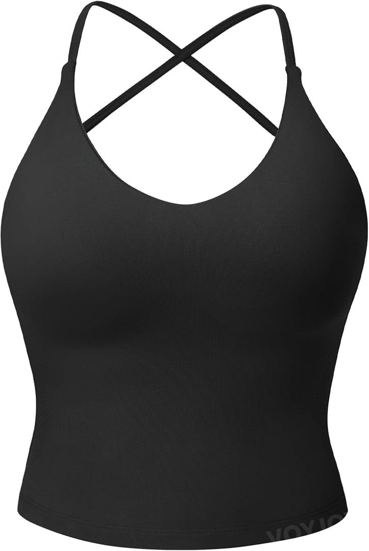 VOYJOY Women's Workout Tank Top V Neck Padded Sleeveless Backless Crop Tops with Adjustable Spaghetti Strap Black S