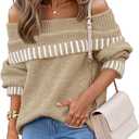 MEROKEETY Women's Fall Off Shoulder Knit Sweater Striped Pullover Tops (Beige, L)