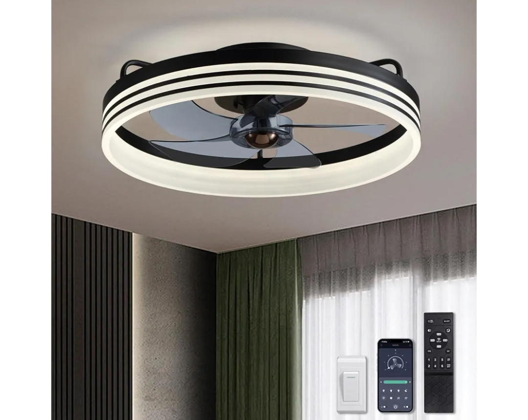 Ceiling Fans with Lights, Flush Mount Ceiling Fan with Lights and Remote, 6 Wind Speeds Smart Low Profile Ceiling Fan for Bedroom, Kids Room and Living Room 20" (Black)