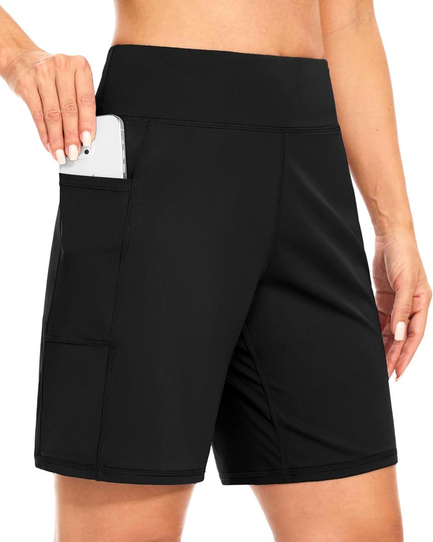 Blouty Women's 7" Bermuda Shorts with Pockets High Waisted Stretch Athletic Long Shorts for Women Workout Casual (Black, L)