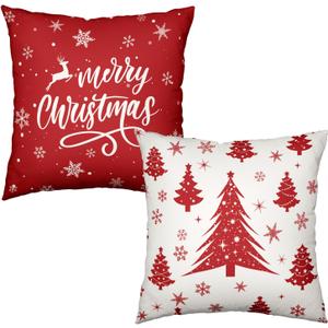 Red Christmas Throw Pillow Covers 18x18 Set of 2 Winter Xmas Tree Snowflake Outdoor Pillow Cases Merry Christmas Decorative Holiday Farmhouse Cushion Cover for Home Couch Sofa