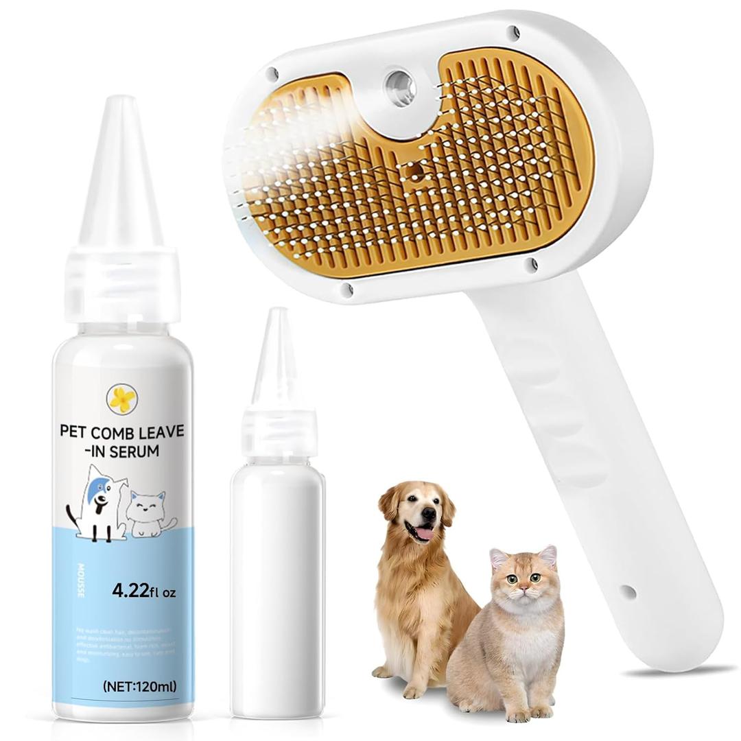 Pet Steam Brush for Dog & Cat 3-in-1 Spray Hair Removal Comb for Shedding & Grooming, Softens Fur & Reduces Static Water Brush for Long & Short Coats, Bath-Hating Pets, Includes Waterless Shampoo
