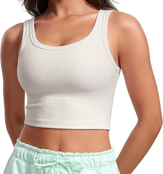 CRZ YOGA Womens Ribbed Longline Sports Bra - U Neck Padded Yoga Cami Workout Crop Tank Top Built in Pads Size S