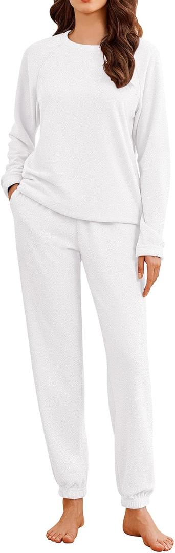 Ekouaer Womens Fleece Pajamas Sets Long Sleeve Lounge Set Jogger Sets 2 Piece Flannel Pjs Winter Sleepwear Loungewear (Large, White)