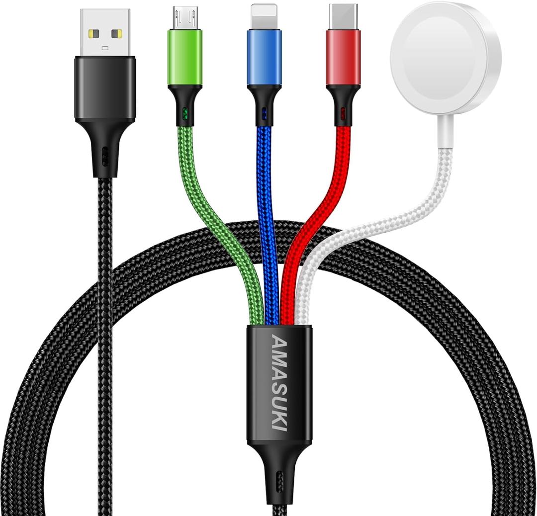 Travel Essentials,4 in 1 for Apple Watch Charger/iPhone Charger/Multi Charging Cable,Vacation RV Camping Essentials,USB C/L/Micro Portable Charger for iWatch 11-1/iPhone 17-12,Car&Gift-4FT