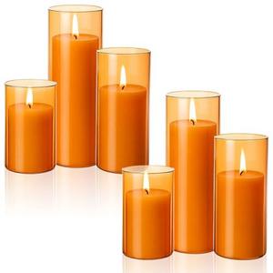 Shihanee Set of 4 Pillar Candles and Glass Cylinder Vases Clear Cylinder CandleHolders for Slim Tall Pillar Candles Wedding Centerpieces(Orange)
