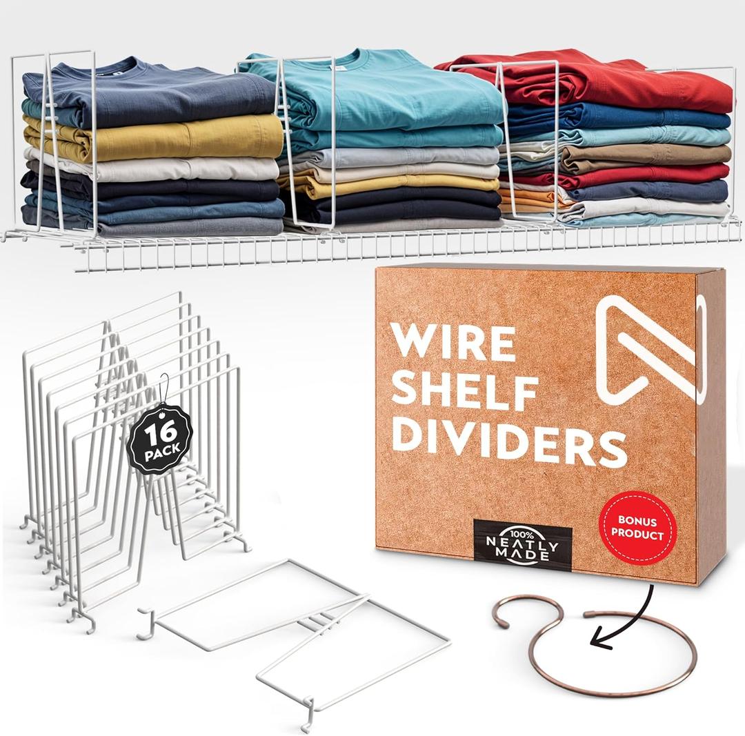Tall White Wire Shelf Dividers for Closet Organization  Sturdy and Easy Set-Up Closet Shelf Dividers with Bonus Rose Gold Hanger (16 inch Wire Shelves, 8-Pack)