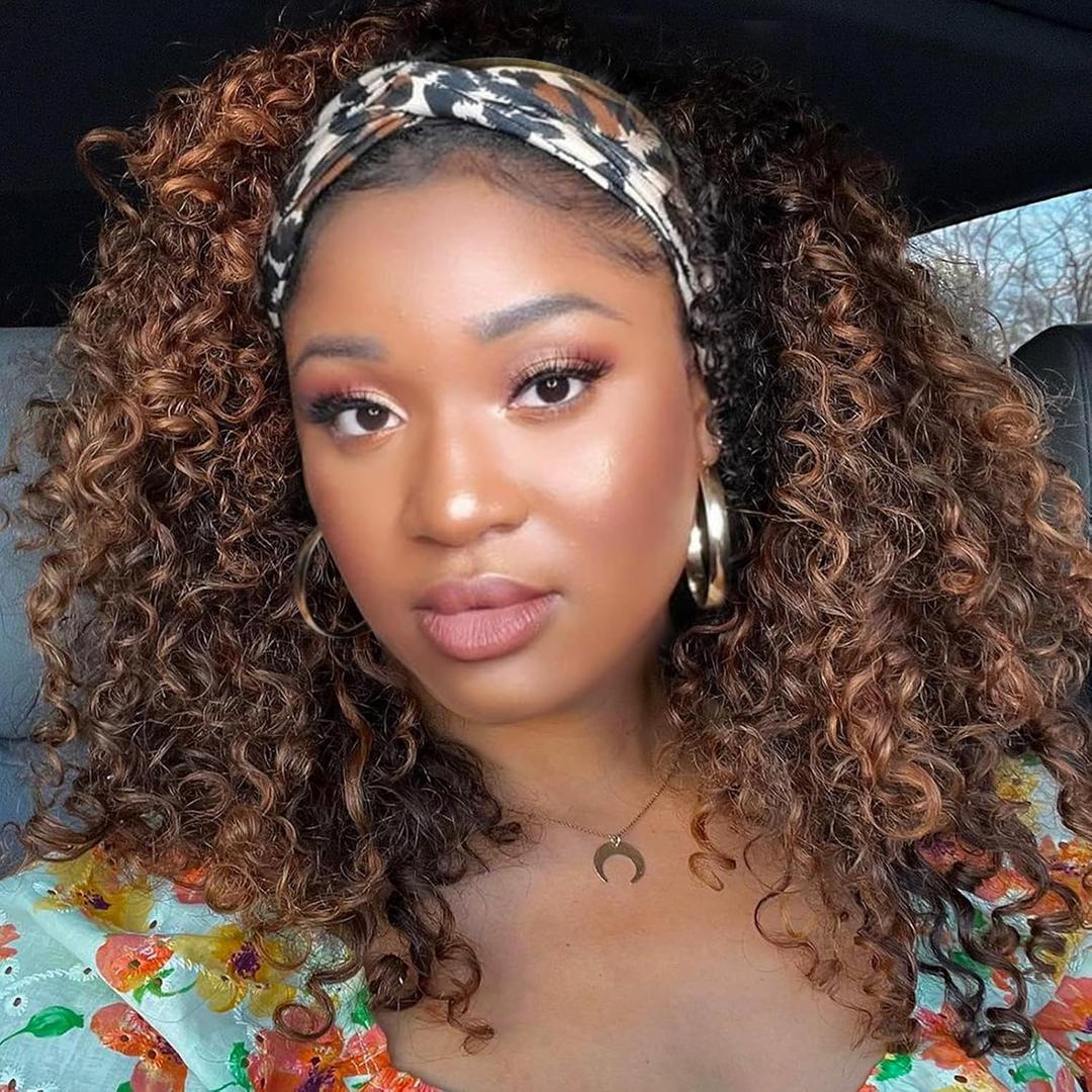 Aisaide Kinky Headband Wig 12 Inch Deep Curly Headband Wigs for Black Women Glueless No Lace Deep Curly Half Hair Wigs Dark Almond Brown