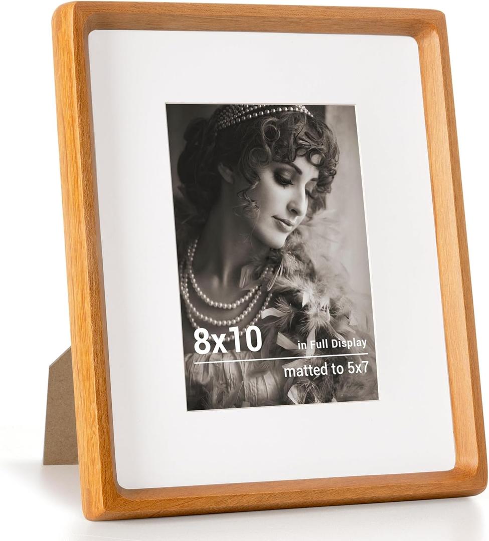 Fun Memories 8x10 Picture Frame, USA-Sourced Teak Wood Photo Frames with HD Tempered Glass, Handcrafted Rounded Corner 8 x 10 Wooden Frames Matted to 5x7 Photos, 8x10 Frame, Tabletop or Wall Display