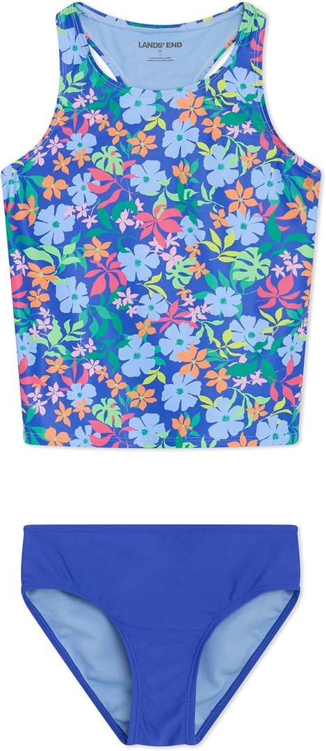 Lands' End Girls' UPF 50+ Swim Bikini Bottom and Racerback Tankini Set (Blue, S)