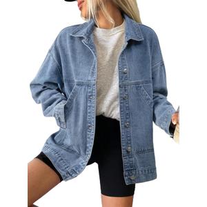 SHEWIN Womens Denim Jacket Casual Long Sleeve Drop Shoulder Button Front Jean Jacket Coat With Pockets (Blue, XXL)