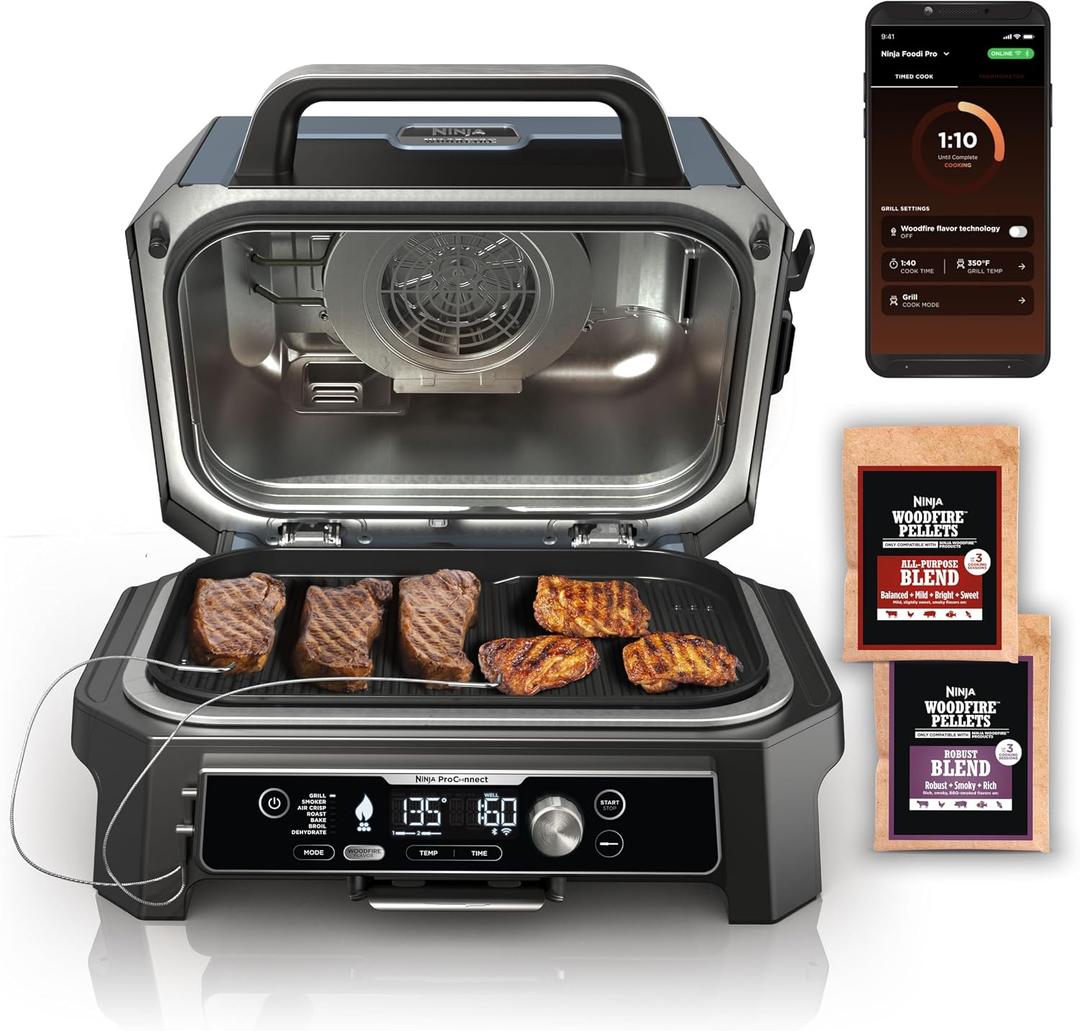 Ninja OG951 Woodfire Pro Connect Premium XL Outdoor Grill & Smoker, Bluetooth, App Enabled, 7-in-1 Master Grill, BBQ Smoker, Outdoor Air Fryer, Woodfire Technology, 2 Built-In Thermometers, Black/Blue