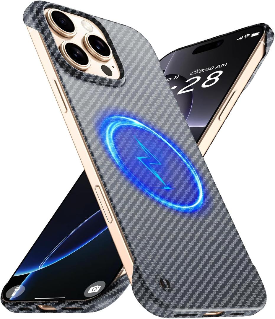 GRECAZO Magnetic Ultra-Thin Frosted Soft Touch Skin Borderless Carbon Fiber Bump Texture for iPhone 16 Pro Max Frameless Case 6.9" Slim Minimalist Lightweight Matte Hard for MagSafe Cover Case-Black