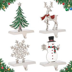 G GOOD GAIN Christmas Stocking Holders for Mantle - Set of 4 Weighted Stocking Hangers with Non-Slip Base Silver Sturdy Metal Hooks for Fireplace Shelf Counter Holiday Decorations