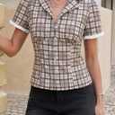 Tankaneo Womens Puff Sleeve Plaid Shirts Gingham Tops Y2k Summer Button Down Blouse Trendy Cute Fitted Going Out Tops (Brown)