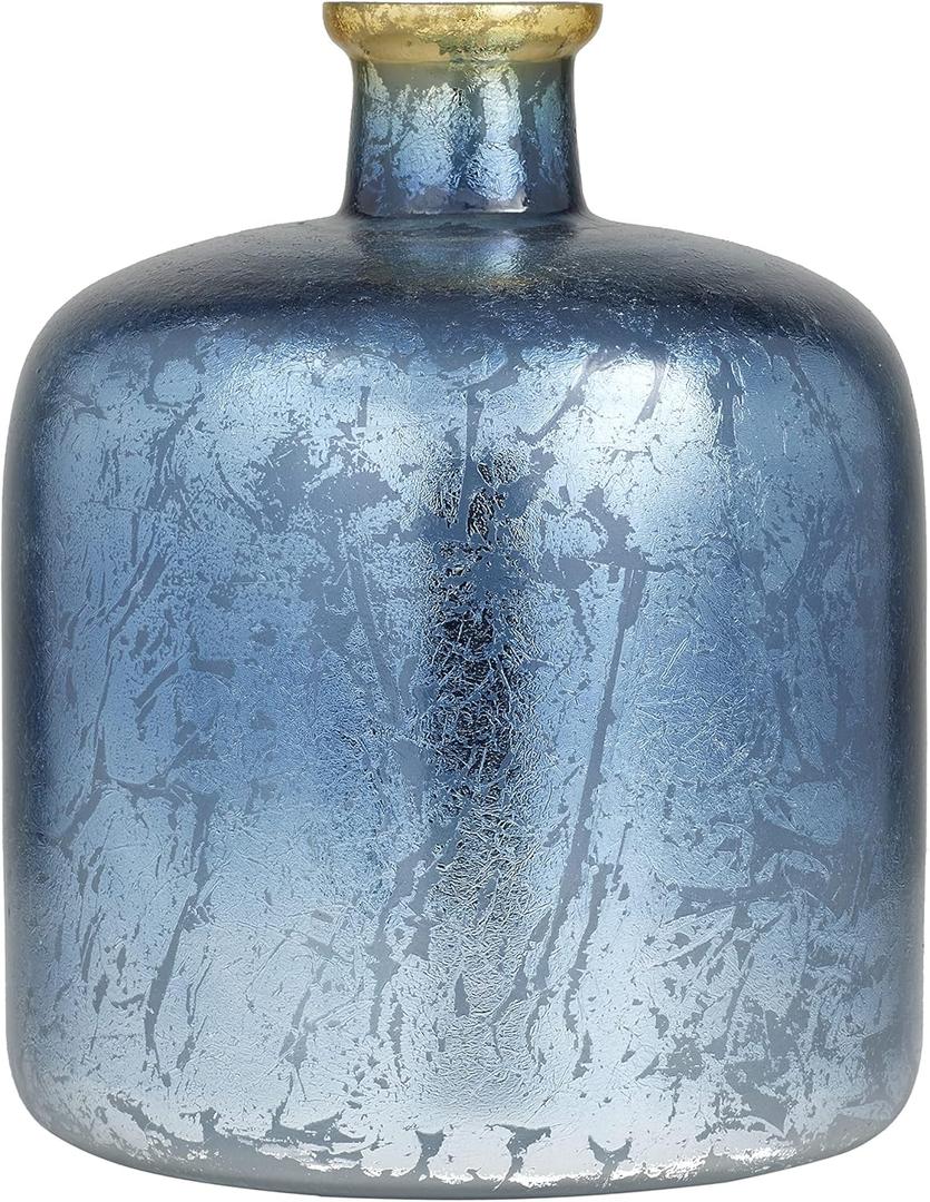 Deco 79 Glass Handmade Decorative Vase Centerpiece Vase with Gold Rim, Flower Vase for Home Decoration 10" x 10" x 12", Blue