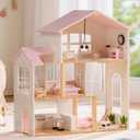 ROBUD Wooden Doll House for Girls，Dollhouse Kit with 6 Rooms & 37 Pcs Dollhouse Furnitrue Accessories, Pink Montessori Doll House for 3+, WDH22