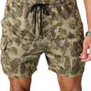 Men's Camo Cargo Track Shorts Drawstring Waist Wide Leg Workout Shorts with Pockets Streetwear (Green, M)