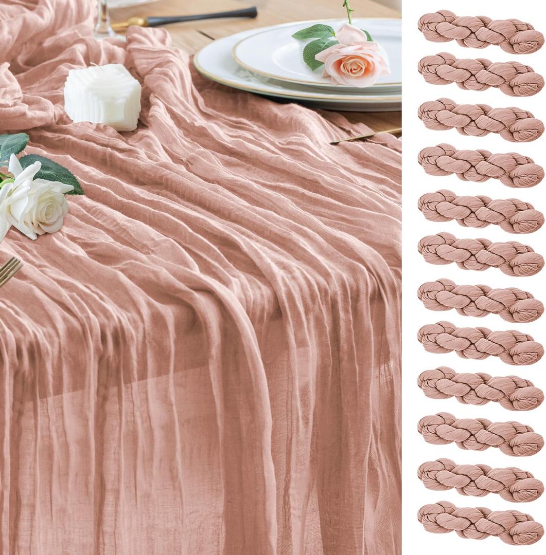 Wokceer 12Pack Dusty Pink Cheesecloth Table Runner 10FT Boho Gauze Spring Easter Cheese Cloth Table Runner for Party Rustic Sheer Runners for Baby Bridal Shower Wedding Christmas
