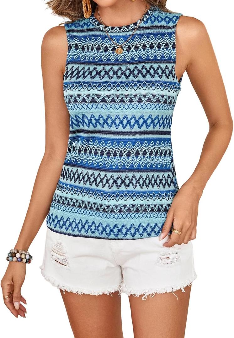 Women's Boho Tank Tops 2024 Causal Summer Sleeveless Vest Tops Geo Print Crewneck Shirts (Blue, S)