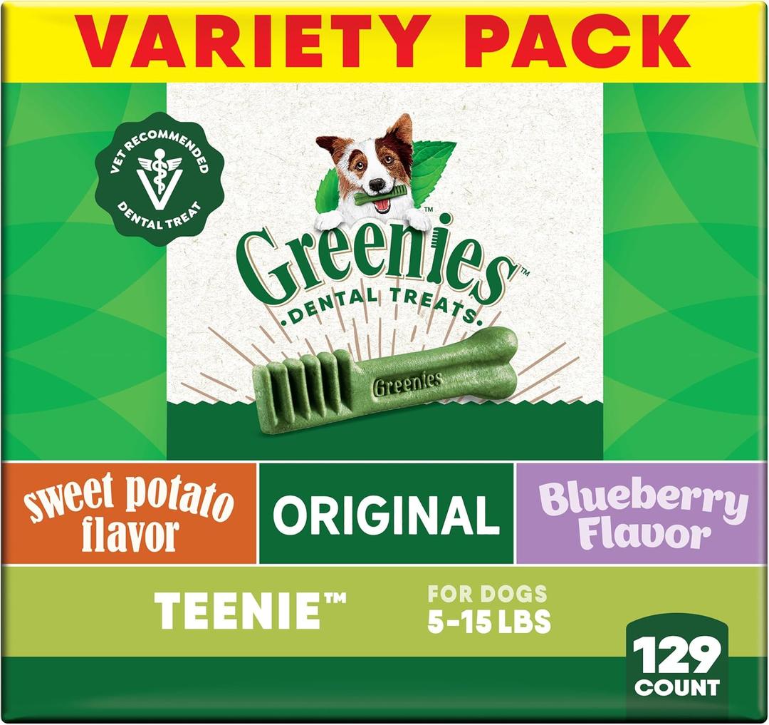 Greenies Teenie Dental Dog Treats 3-Flavor Variety Pack, (3) 12 oz. Pouches, 129 Total Treats (EXP 10/01/26)