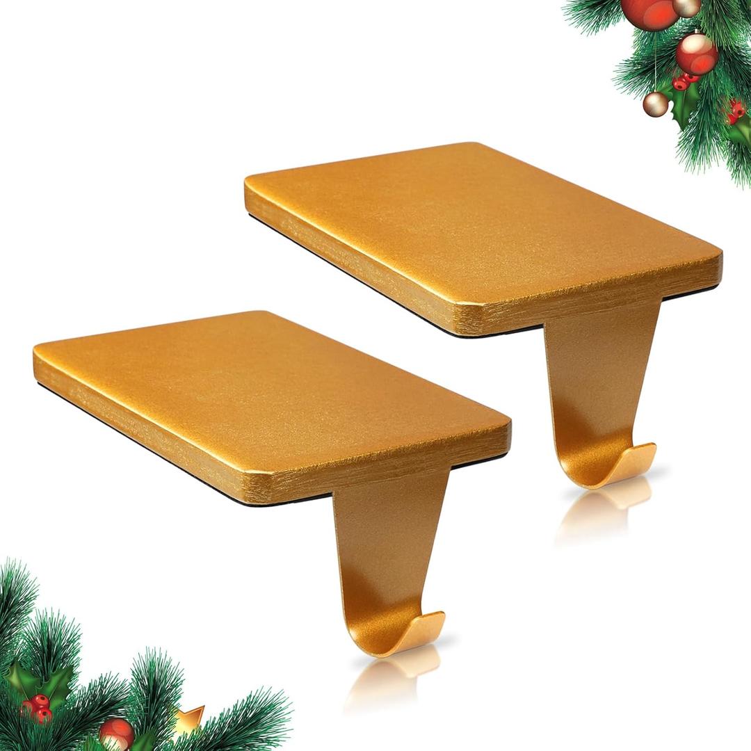 HMASYO Christmas Stocking Holders for Mantle Set of 2, Gold Heavy Duty Iron Stocking Hangers Base, Low Profile Weighted Stocking Holder Hooks for Fireplace Tabletop Shelf Christmas Decoration