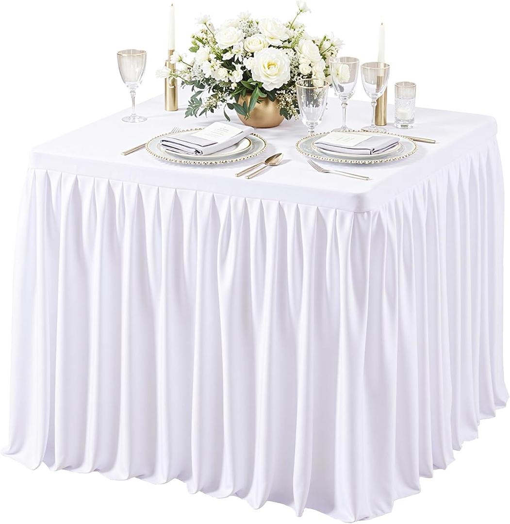 Wish Care 34x34 Inch White Square Tablecloth - Wrinkle Resistant Fitted Card Table Cloth Elastic Pleated Square Table Cover for Trade Shows, Weddings, Parties & Banquets (1 Pack)