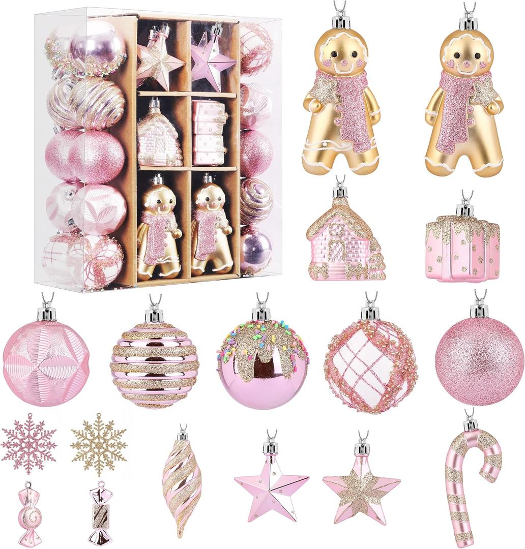 SHareconn 65pcs Christmas Tree Ornaments Set, Shatterproof Christmas Gingerbread Man Balls Bulk Gift Boxes, Hanging Plastic Decorative Baubles for Xmas Trees Decorations, Holiday Party, Pink Gold