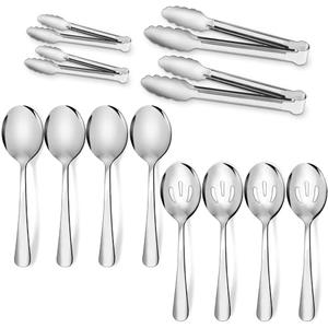 12PCS Stainless Steel Serving Utensils Sets - Large Serving Spoons,Slotted Spoons,Serving Tongs,Appetizer Tongs,Utensills Sets for Buffet Catering Banquet Party (Silver) 