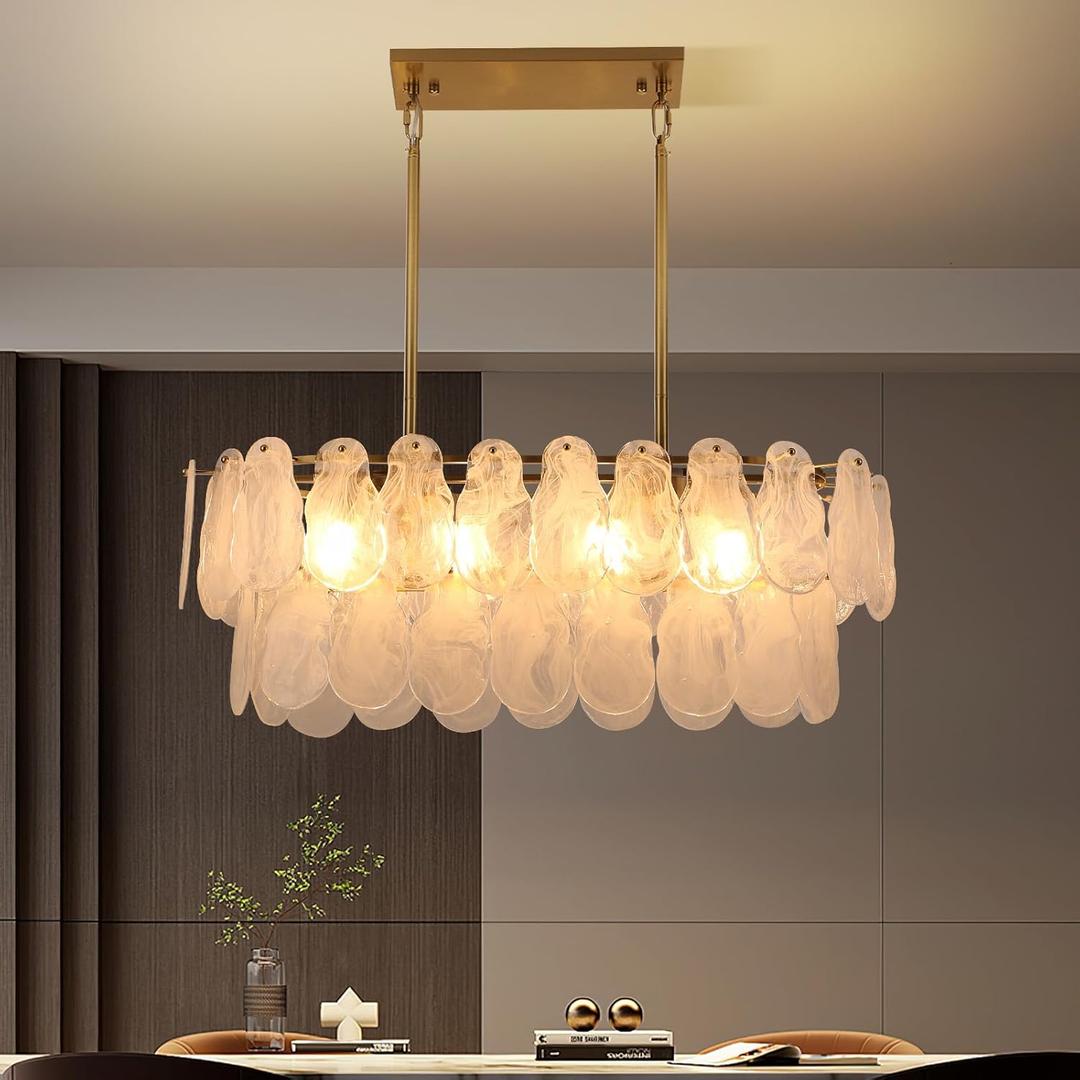 Gold Crystal Chandelier Rectangular Pendant Lighting 8-Light Crystal Chandeliers for Kitchen Island Cloud Glass 2-Tier Light Fixture for Dining Room, Living Room, Kitchen