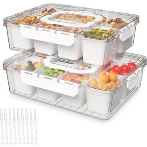 REBECAT Divided Serving Tray with Lid and Handles 8 Compartments Snack Box Container Charcuterie Organizer Snackle Box Container for Candy,NutsFruits,Snacks,2 Pack,White