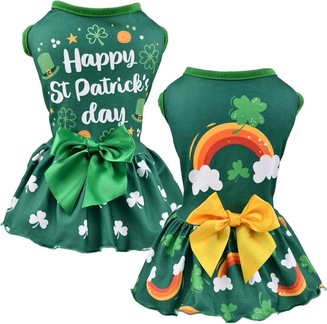 2-Pack Saint Patricks Day Dog Cat Dress St Patricks Clover Rainbow Puppy Dresses with Bow Pet Bowknot Shamrock Skirt Outfit Costume for Puppies Cats Small & Medium Dogs L