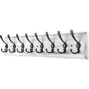 Coat Rack Wall Mount, Wooden Heavy Duty Coat Rack for Wall,8 Triple Coat Hanger Hooks for Hanging Coats,Jacket,Hat,Clothes (Grey White, 8 Hooks)