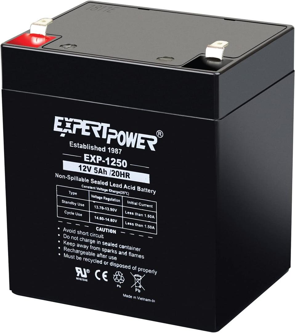 ExpertPower EXP1250-12V 5Ah Rechargeable SLA Battery for Security System, UPS, Garage Door Opener Replacement, Fire Alarm Batteries, Sealed Lead Acid, 12V Battery Backup