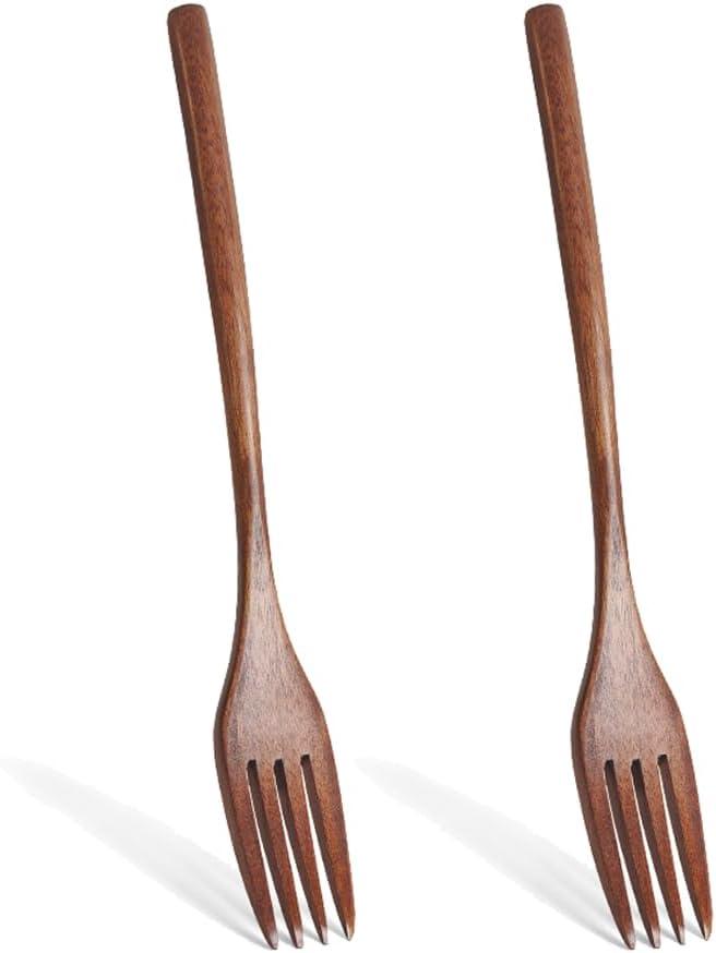 2 Pieces Wooden Forks, 8.8"" Wood Utensils Set, Kitchen Dinner Fork for Food, Desserts, Salad, Fruit, Wood Cutlery for Travel, Brown