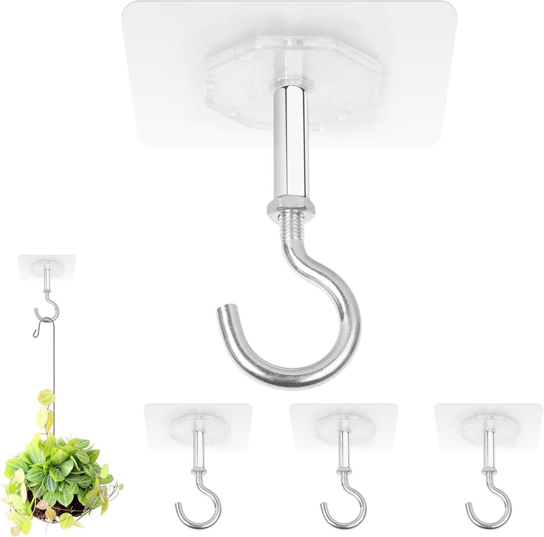 Adhesive Ceiling Hooks 4 Pack, 30lbs Heavy Duty Ceiling Hooks for Hanging Plants, Strong No Drill Outdoor Sticky Ceiling Hanger, Stick On Hooks for Lights,Wind Chimes,Lantern