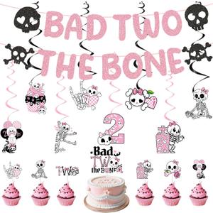 Bad 2 the Bone Party Decorations Girl, Cute Gothic 2nd Birthday Party Supplies with Banners Cake Topper Cupcake Toppers Hanging Swirls, 2 Year Old Girl Birthday Decor
