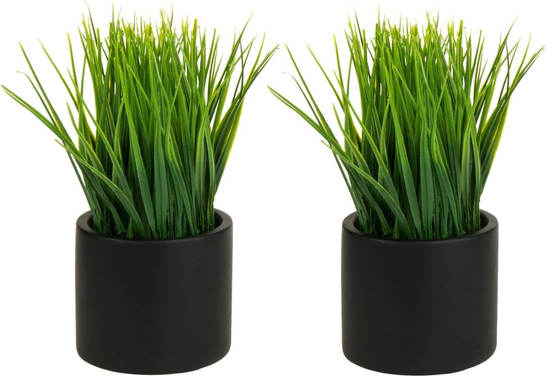 MyGift Tabletop Artificial Grass Plants Decorative Faux Greenery Plant Potted in Modern Cylindrical Black Cement Pots, Set of 2