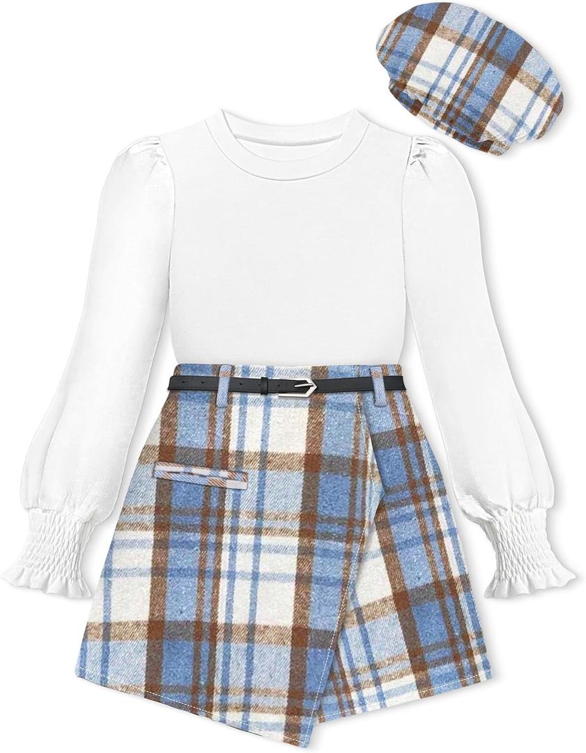 AGAPENG Girl Skirt Sets Smocked Cuffed Fall Outfits Puff Sleeve Tops Plaid Skirt Shorts Adjustable Belt Winter Clothes (7-8 Years, White and Blue Plaid)
