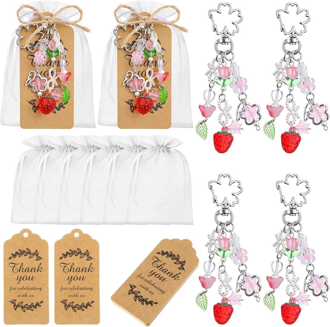 Ecation 20 Set Strawberry Keychain Charm Bulk Party Favor Gift Set Y2K Keychains Cute Flower Star Bow with Thank You Tags Organza for Guests Women Purse Bag Souvenir Wedding Bridal Shower Supplies