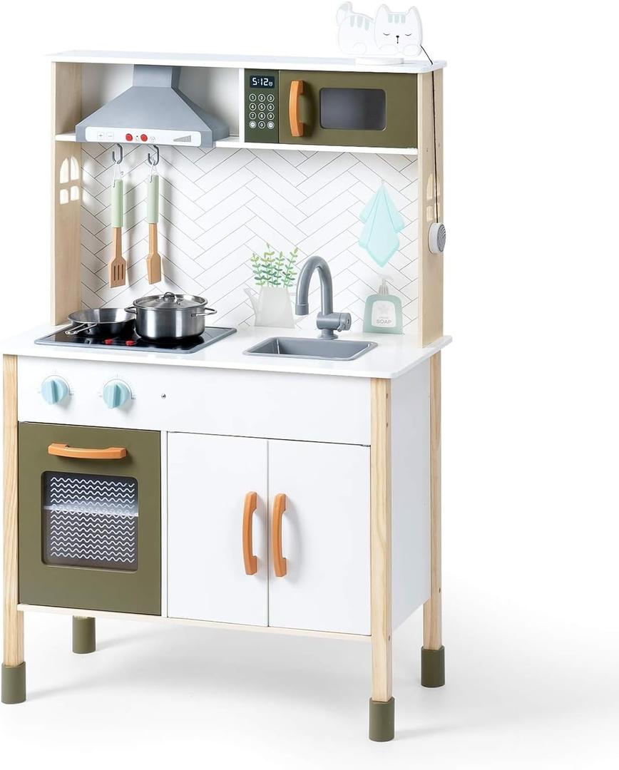 ROBUD Wooden Play Kitchen Set for Kids Toddlers, Pretend Toys Kitchen Gift for Girls Boys