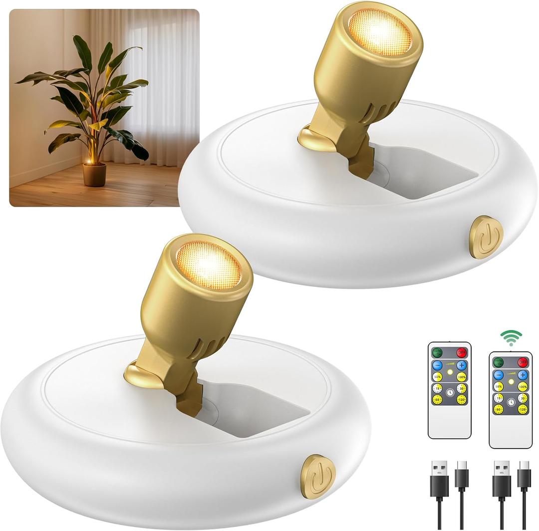 Rechargeable Battery LED Spotlight Indoor: Wireless Mini Art Accent Spot Lights with Timer Remote - Small Dimmable Uplight for Plants Display Painting Dartboard Artwork Portrait Closet (2 pack-white)