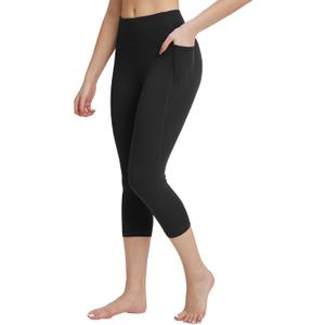BALEAF Women's High Waisted Yoga Capris Leggings w Side Pockets Workout Cropped Leggings Running Capris Pants Black S