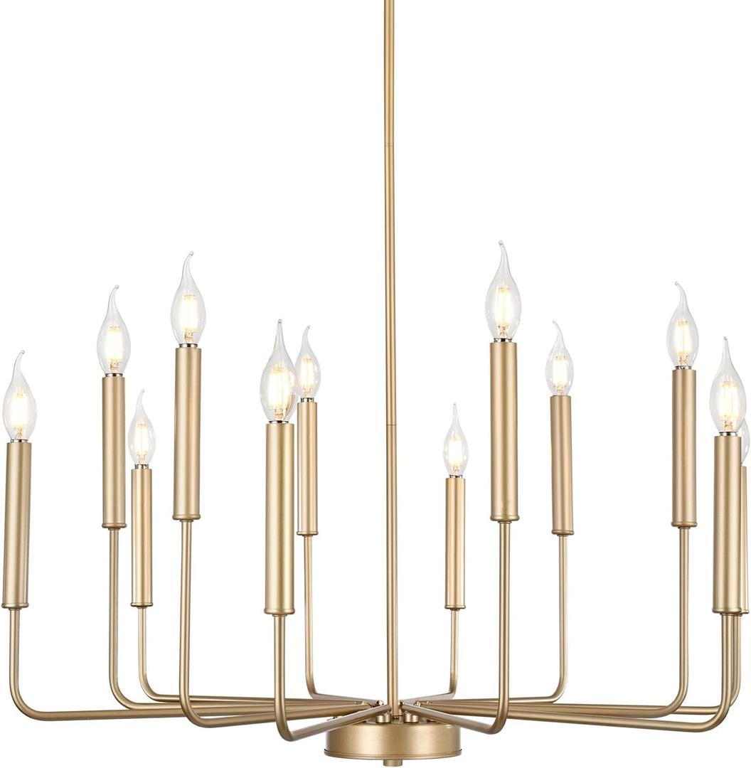 Modern Gold Farmhouse Chandeliers, 12-Light Industrial Metal Chandelier Lighting, Classic Candle Hanging Pendant Light Fixtures for Kitchen, Dining Room, Living Room, Entryway