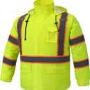 Wuple Men's Hi Vis Rain Jacket & Safety Rain Coat Waterproof Lightweight with Hood, Class 3 Reflective Adult Yellow Work Rain Jacket (L/XL)