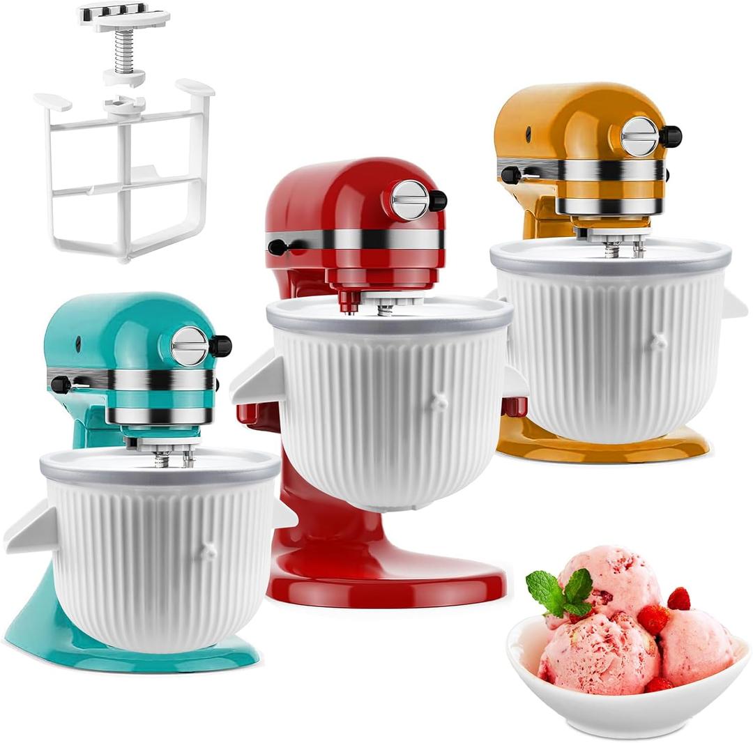 Ice Cream Maker Attachment for KitchenAid Stand Mixer, Ice Cream Bowl Compatible with 4.5Qt and Larger Stand Mixers, Ice Cream & Sorbet Gelato Maker Attachment, 2 Quart, White (ICM-KA-White)