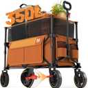 Timber Ridge 350L Extra Large Collapsible Folding Wagon Carts with Brake, Heavy Duty Outdoor Camping Utility Wagons with Extended Height, Adjustable Handle, Cup Holders, Side Bag(Orange)