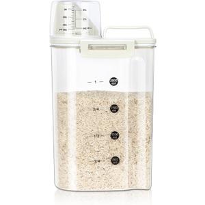 TBMax Rice Container, High Transparency PET Airtight Food Storage Container 2.64 Qt/4 Lbs, Kitchen Pantry Cereal Storage Container with Measuring Cup, Small Pet Cat Dog Food Container Dispenser -Beige (Crystal-Clear&Beige)