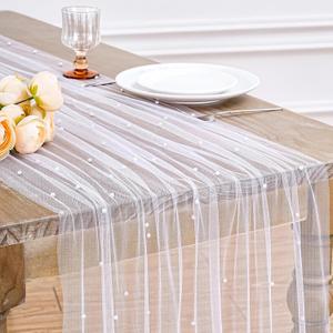 White Pearl Table Runner Tulle: 10ft Pearl Kitchen Linen 3pcs 29x120 Inch Sheer Gauze Fabric for Wedding Decor Birthday Party Dining Table Cover