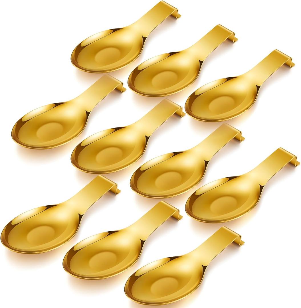 Nuanchu 10 Pcs Stainless Steel Spoon Rest Spatula Ladle Holder Spoon for Stove Top Heavy Duty Spatula Holder for Countertop Dishwasher Safe Utensil Rest for Kitchen, 3.8 x 9.6" (Gold)